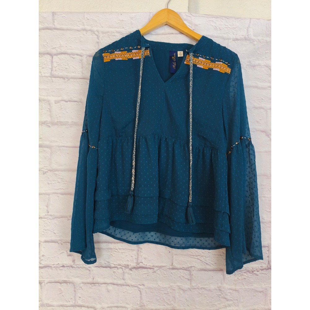 Blue Rain Womens Teal Swiss Dot Top Medium Boho Tassel Peasant Boho Festival